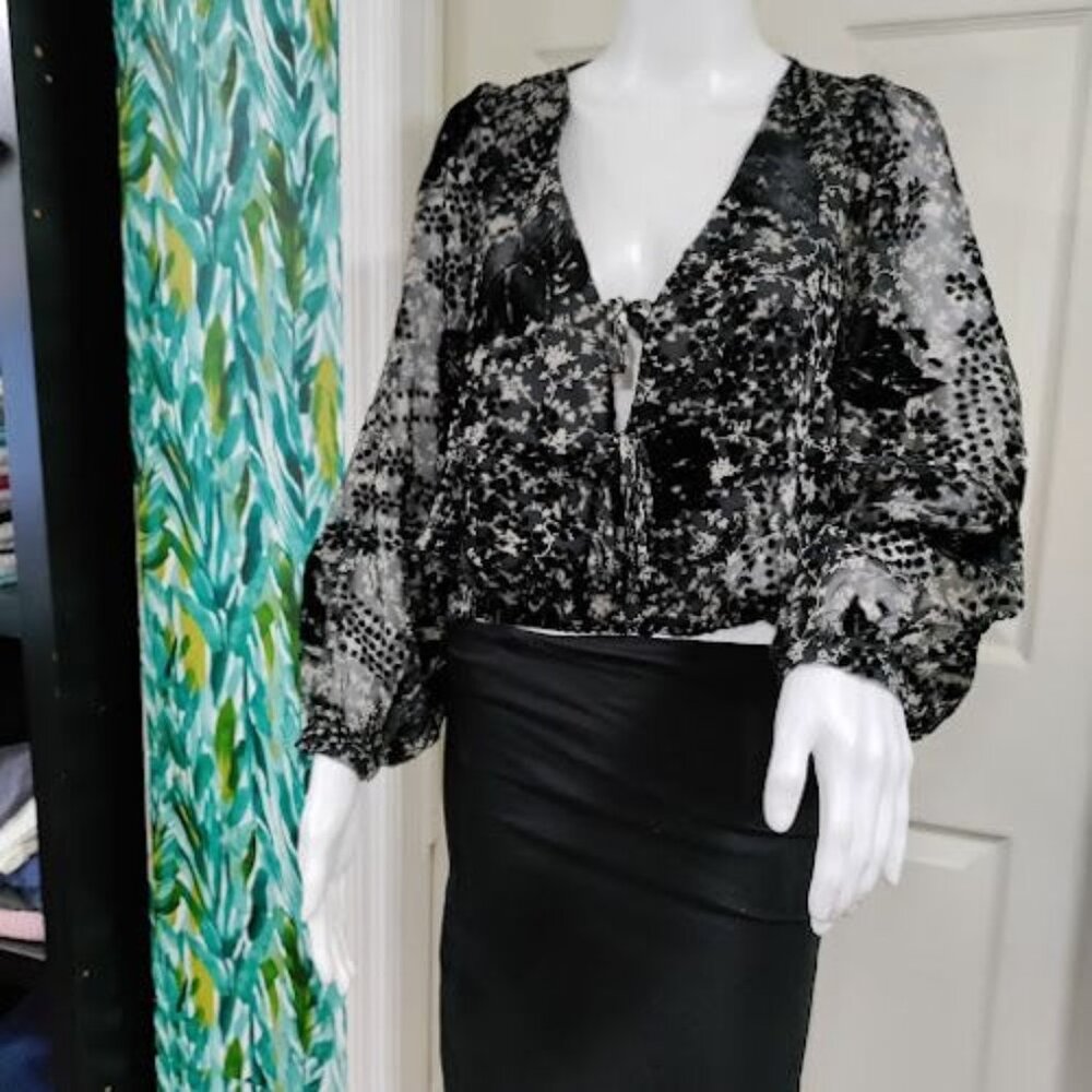 ASTR the label Velvet Burnout Shawna Abstract Velvet Cropped Sheer Floral Top S - Picture 2 of 12